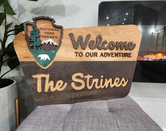 National Park Welcome Sign - family name sign, custom national park sign layered laser cut & engraved, national park wedding sign
