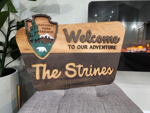 National Park Welcome Sign - family name sign, custom national park sign layered laser cut & engraved, national park wedding sign