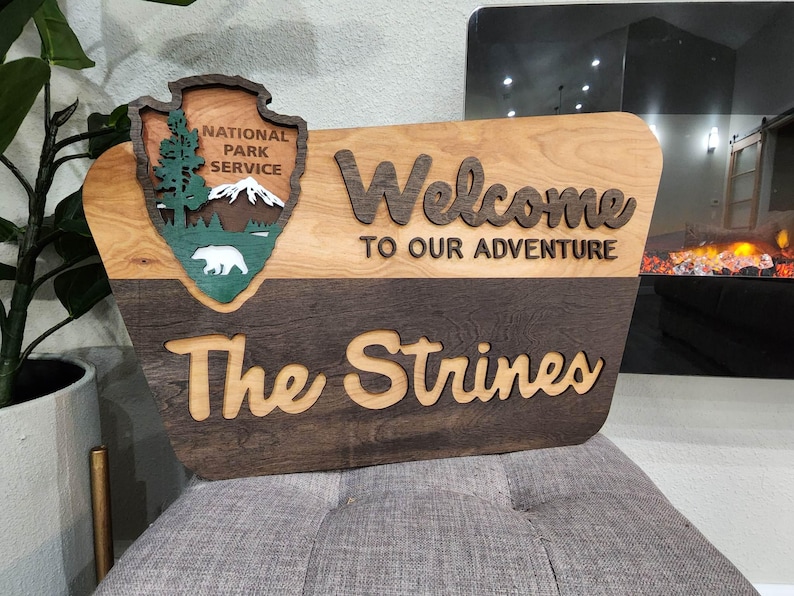 National Park Welcome Sign - family name sign, custom national park sign layered laser cut & engraved, national park wedding sign image 1
