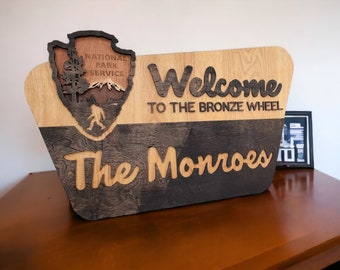 National Park Service Welcome Sign - NPS inspired family name sign, custom layered laser cut laser engraved, outdoor, wilderness enthusiast