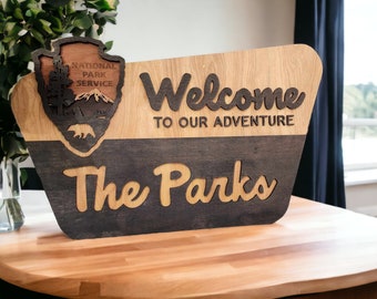 National Park Service Welcome Sign - NPS inspired family name sign, custom layered laser cut laser engraved, outdoor, wilderness enthusiast