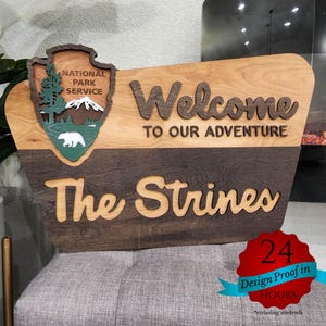 Letrero de bienvenida al Parque Nacional: letrero con nombre de familia, letrero personalizado del Parque Nacional cortado y grabado con láser en capas, letrero de boda en el Parque Nacional