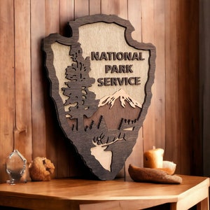 National Park Service Arrowhead - NPS inspired sign, custom layered laser cut laser engraved, outdoor, wilderness enthusiast