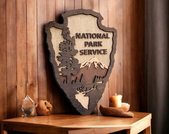 National Park Service Arrowhead - NPS inspired sign, custom layered laser cut laser engraved, outdoor, wilderness enthusiast