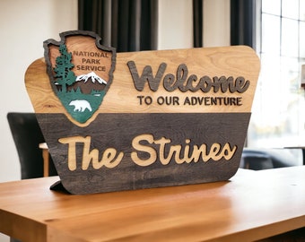 National Park Service Welcome Sign - NPS inspired family name sign, custom layered laser cut & engraved, wilderness enthusiast 36 INCHER!!!