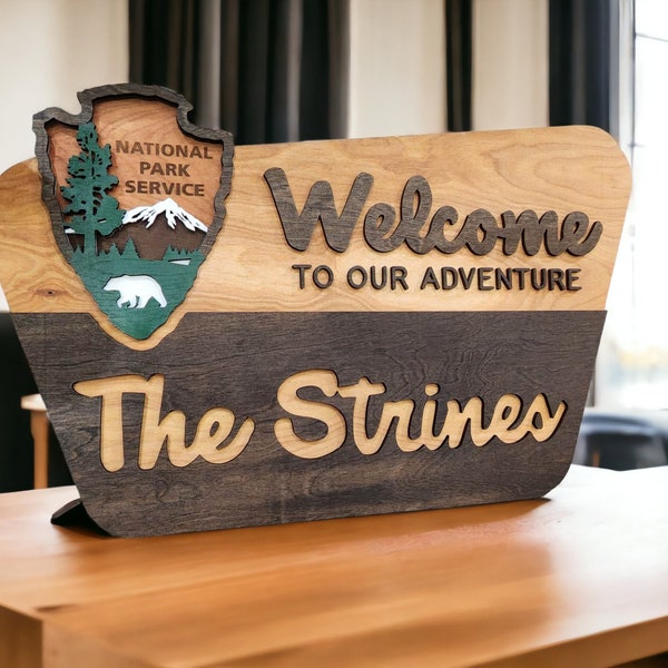thumbnail interactive-video image 1 of Custom National Forest Inspired Family Welcome Sign – Hand Painted Wood, 11.5x17.5 Inches 1 of 3