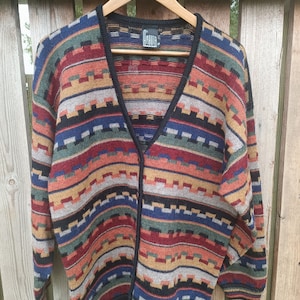 Vintage Multicolor Alpaca cardigan, vintage women Alpaca sweater,Size M