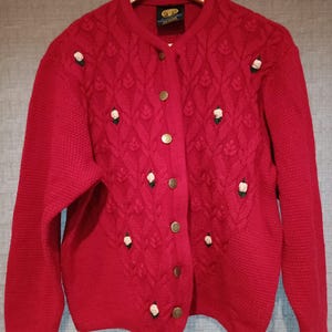 Vintage women&#39;s wool sweater,Lanamoden Austria sweater,Red sweater with flower,Size EU M