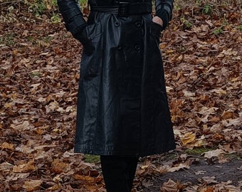 Vintage women's leather Trench coat,real leather coat,Finn Fant coat, black leather coat,70's