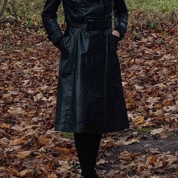 Trench-coat en cuir vintage pour femmes, manteau en cuir véritable, manteau Finn Fant, manteau en cuir noir, années 70