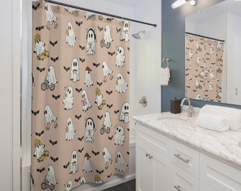 Boho Ghost Halloween Shower Curtain, Cute Ghost Shower Curtain Halloween Decor for Bathroom