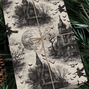 Vintage Halloween wrapping paper featuring haunted houses, flying bats, and full moon on an aged parchment cream background,