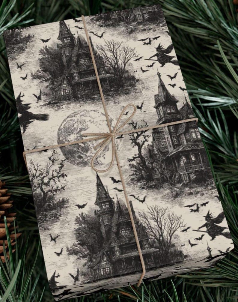 Vintage Halloween wrapping paper featuring haunted houses, flying bats, and full moon on an aged parchment cream background,