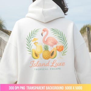 Design per maglietta Island Luxe PNG, acquerello di fenicotteri tropicali e frutta, clipart di spiaggia estiva, grafica di papaya e ananas per sublimazione