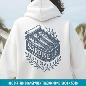 Sardine in formato PNG, immagini di sardine in scatola, sardine in scatola, estetica del pescatore, stile nautico, estetica costiera francese, design di maglietta da spiaggia