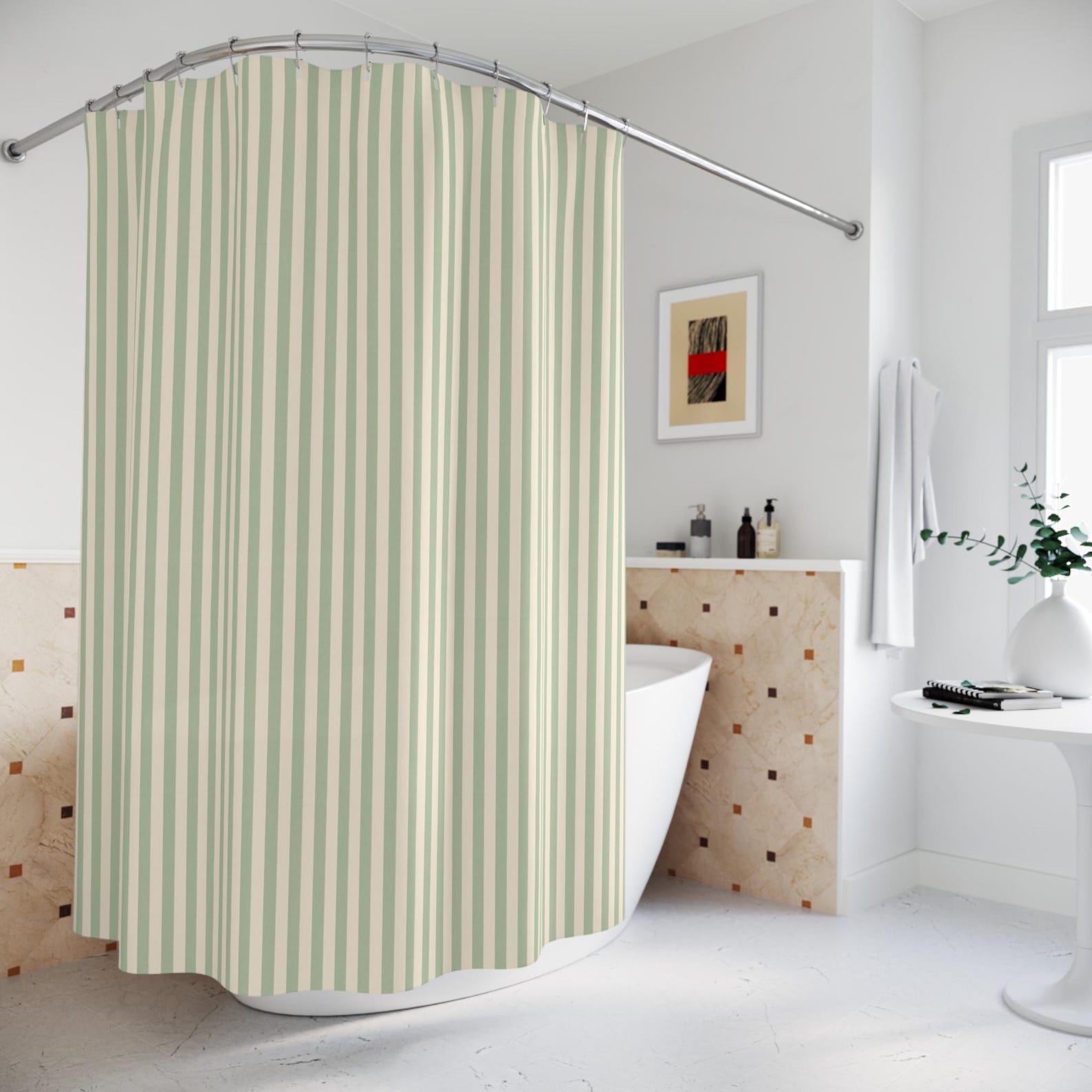 Green Striped Shower Curtain | Vertical Mint and Cream Lines, Bathroom