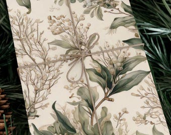 Botanical Wrapping Paper, Sage Green Leaves, Watercolor Floral Print