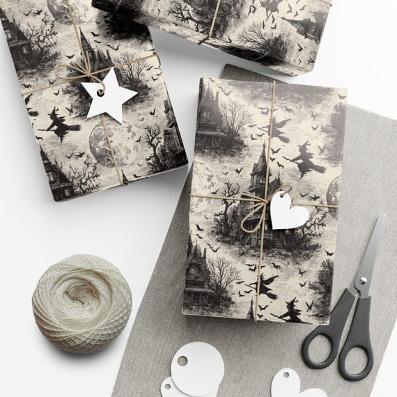 Haunted House Halloween Wrapping Paper – Vintage Gothic Bats & Moon
