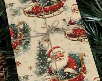 Vintage Santa Sleigh Wrapping Paper, Retro Christmas Gift Wrap