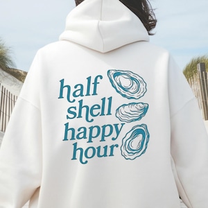 Half Shell Happy Hour PNG, Oyster T-Shirt Design voor sublimatie, Coastal Funny Shirt Graphic, Retro Seafood Lover afdrukbare download