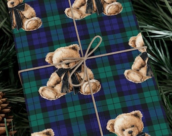 Tartan Plaid Teddy Bear Wrapping Paper, Vintage Christmas Gift Wrap