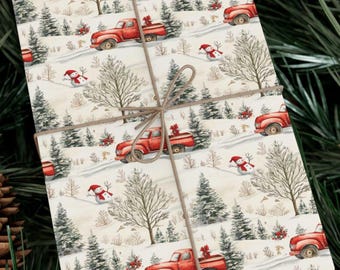 Red Truck Christmas Wrapping Paper, Snowy Farmhouse Gift Wrap