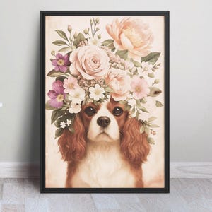 Cavalier King Charles Spaniel Floral Watercolor Portrait - Vintage Dog Art Digital Download