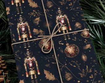 Nutcracker Wrapping Paper, Navy and Gold Christmas Gift Wrap