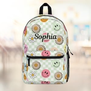 Personalized Smiley Face Backpack: Retro Checkered Y2K Preppy Style