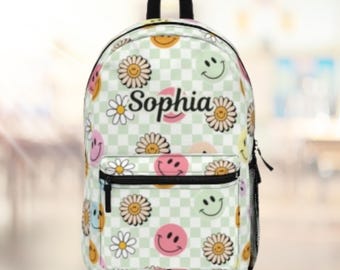 Personalized Smiley Face Backpack: Retro Checkered Y2K Preppy Style