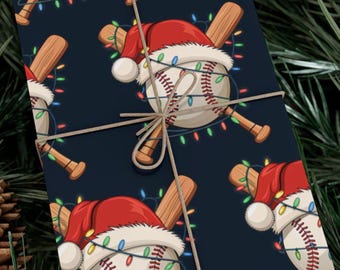 Baseball Christmas Wrapping Paper, Santa Hat, Holiday Lights