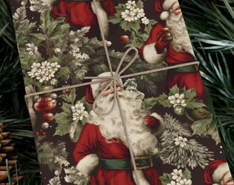Vintage Santa Wrapping Paper, Classic Christmas Greenery Gift Wrap