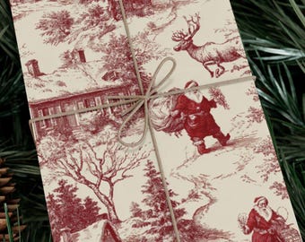 Red Toile de Jouy Santa Wrapping Paper, Vintage Christmas Gift Wrap