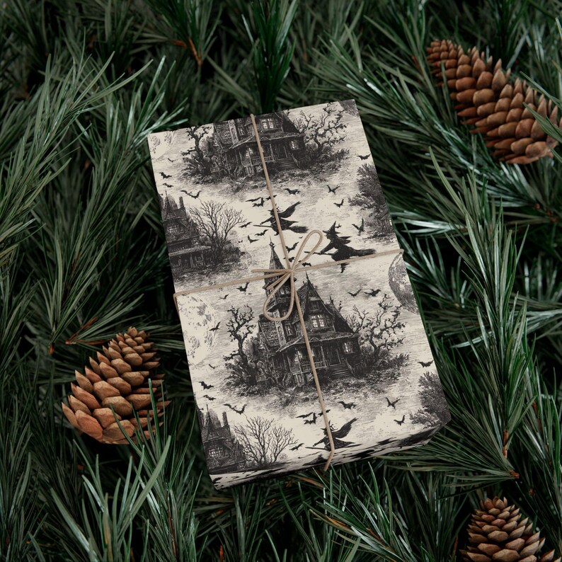 Haunted House Halloween Wrapping Paper – Vintage Gothic Bats & Moon image 6