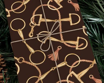 Equestrian Horse Bit Wrapping Paper, Brown & Gold Luxury Gift Wrap