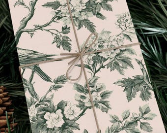 Botanical Bird Toile Gift Wrap, Vintage Green, Blush Wrapping Paper