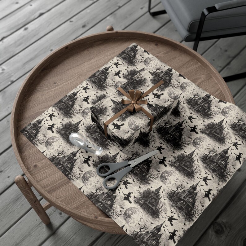 Haunted House Halloween Wrapping Paper – Vintage Gothic Bats & Moon image 4