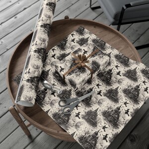 Haunted House Halloween Wrapping Paper – Vintage Gothic Bats & Moon image 5