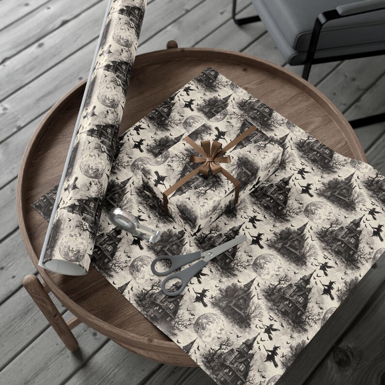 Haunted House Halloween Wrapping Paper – Vintage Gothic Bats & Moon image 5