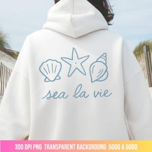 Concha y estrella de mar Sea La Vie PNG – Clipart de arte lineal azul dibujado a mano – Arte digital de playa costera – Sublimación minimalista de verano