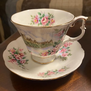 ROYAL ALBERT, Ancestral Series, England&#39;s Glory, Gainsborough Shape teacup, Gold Rimmed, England, Vintage, Bone China, scenery,castle,rose