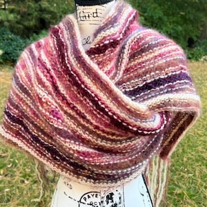 Hand knitted bulky striped beige and burgundy mohair long scarf