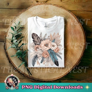 Watercolor Boho Flowers & Feathers PNG: Sublimation Design (Instant Download)