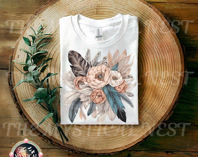 Watercolor Boho Feathers PNG,  Bohemian  Flowers PNG, Sublimation Design, Boho T-shirt Design, Instant Download, Boho Art Download