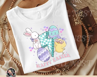Feliz Pascua PNG: Imágenes prediseñadas de conejito, pollito y huevos (descarga digital)