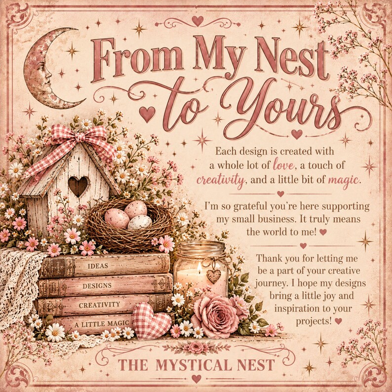 A thank-you note from The Mystical Nest features a birdhouse, a nest with speckled eggs, a lit jar candle, stacked books, and floral decorations on a vintage pink background.