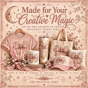 A promotional image displays various pink items featuring a gingham bow and floral design, including a t-shirt, mug, tumbler, tote bag, cap, and pillow.