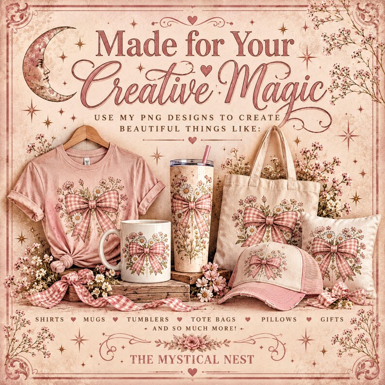 A promotional image displays various pink items featuring a gingham bow and floral design, including a t-shirt, mug, tumbler, tote bag, cap, and pillow.