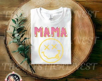 Smiley Face PNG Mom Life Clipart, Mama Retro Yellow Pink Design, Sublimation & Printable Mom Shirt Digital Download