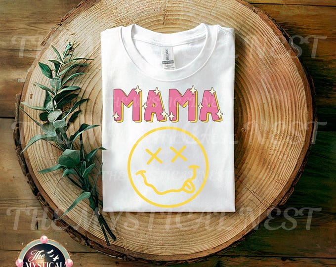 Smiley Face PNG Mom Life Clipart, Mama Retro Yellow Pink Design, Sublimation & Printable Mom Shirt Digital Download